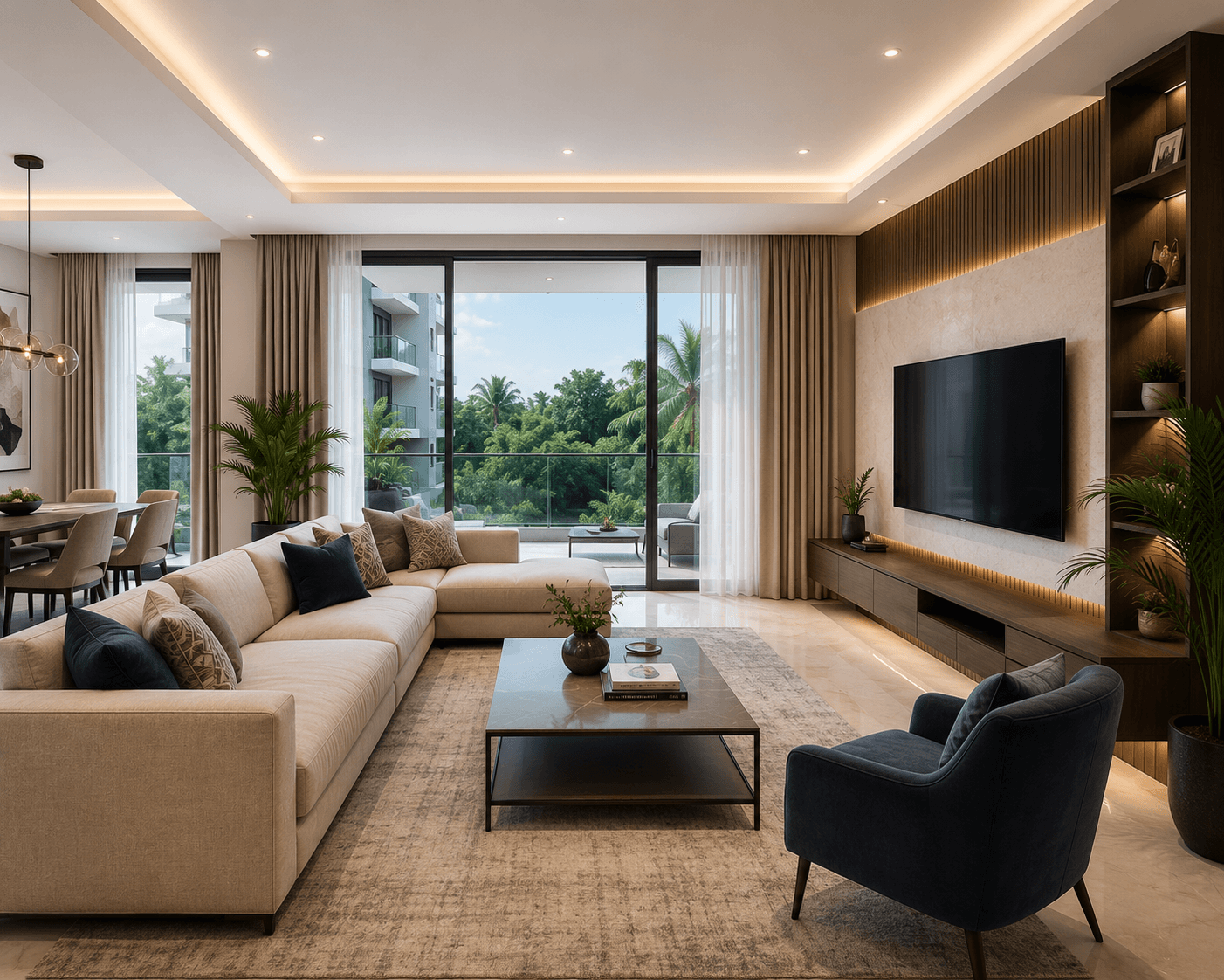Open-plan living room with floor-to-ceiling glass in Masaki